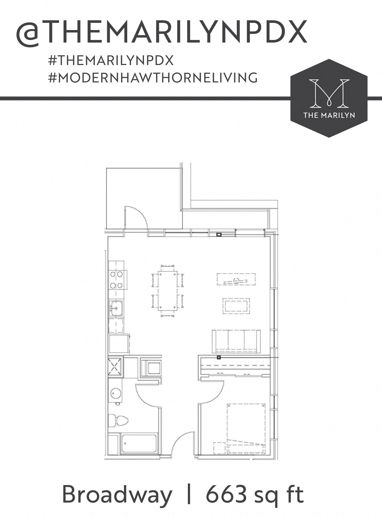 Floor plan for 1 bed, 1 bath, 663 sqft