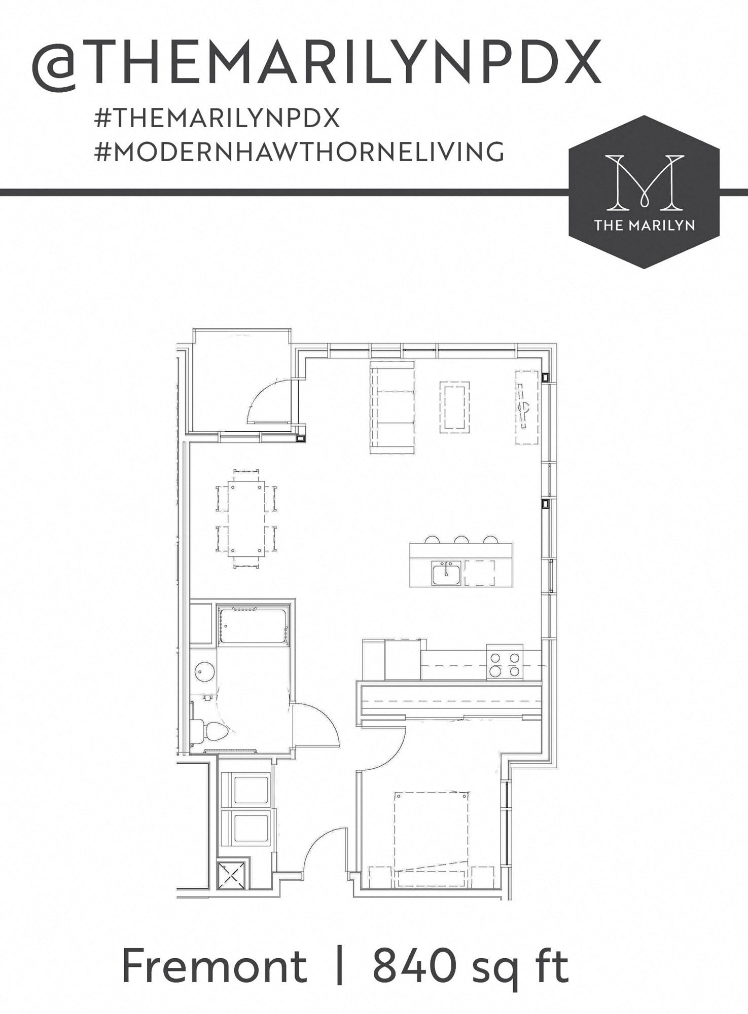 Floor plan for 1 bed, 1 bath, 677 sqft
