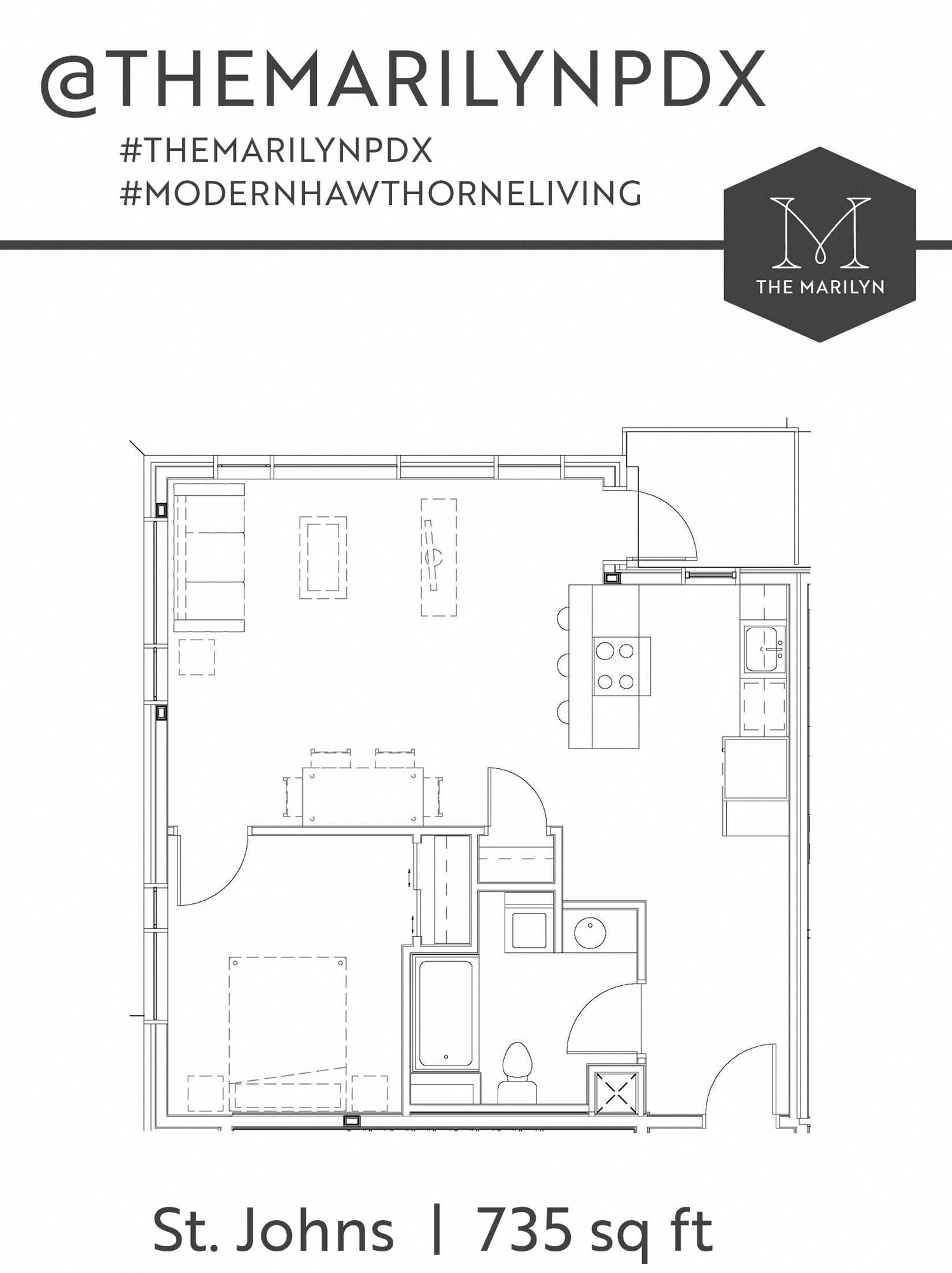 Floor plan for 1 bed, 1 bath, 735 sqft