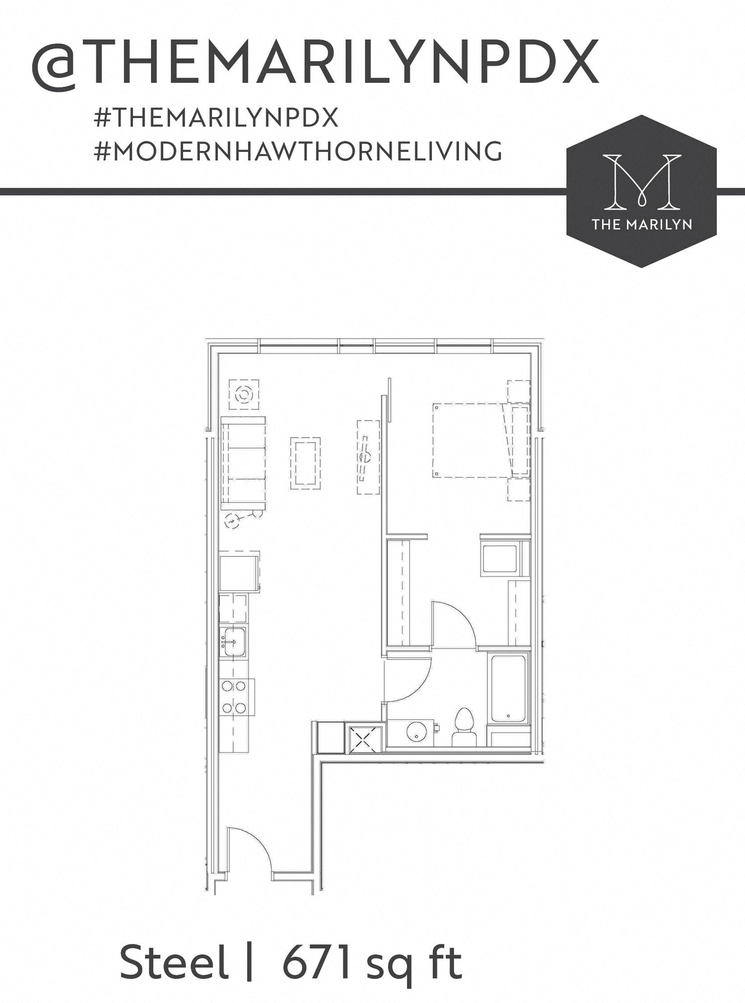 Floor plan for 1 bed, 1 bath, 671 sqft