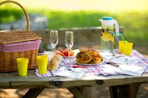 Delmar apartment for rent - A picnic table with food and drinks on a checkered cloth.