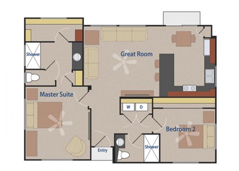 Floor plan for 2 beds, 2 baths, 965 sqft