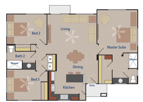 Floor plan for 3 beds, 2 baths, 1244 sqft