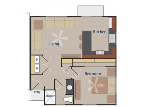 Floor plan for 1 bed, 1 bath, 635 sqft