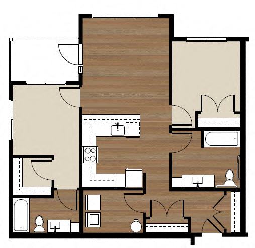 Floor plan for 2 beds, 2 baths, 956 sqft