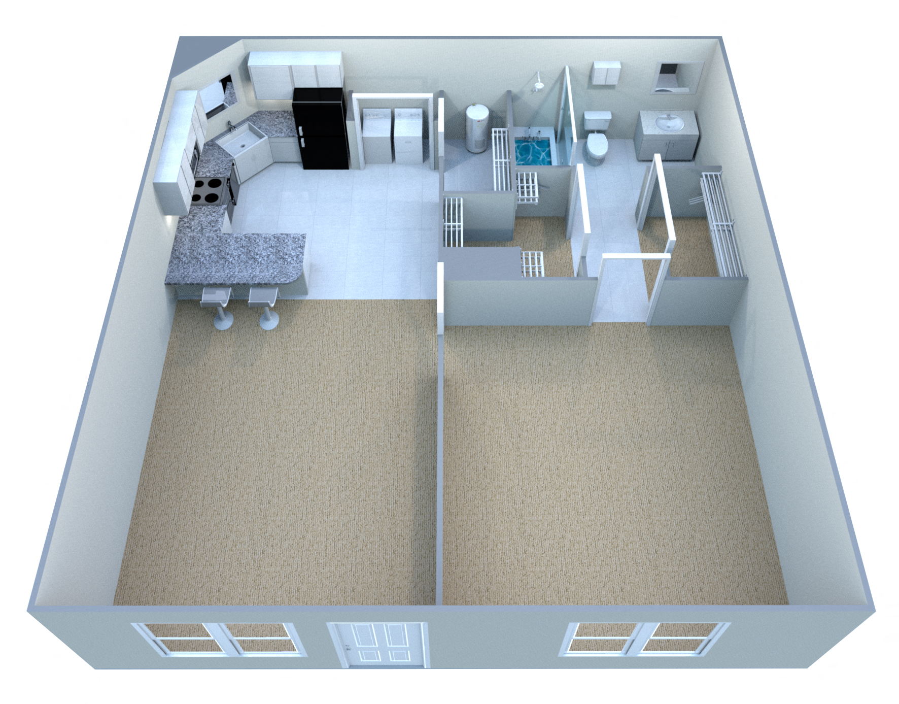 Floor plan for 1 bed, 1 bath, 665 sqft