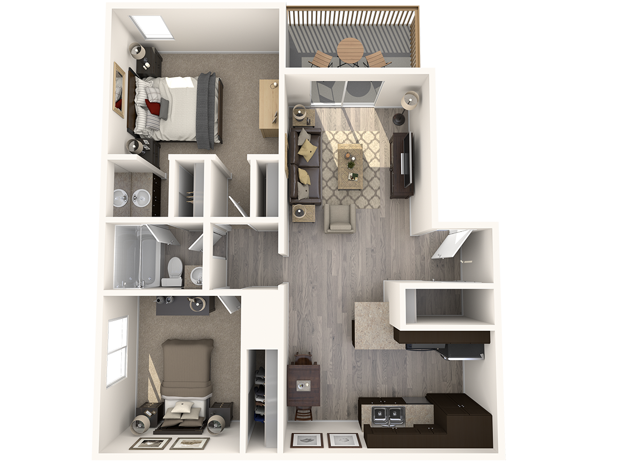 Floor plan for 2 beds, 1.3 baths, 980 sqft