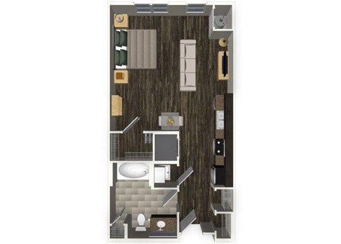 Floor plan for studio, 1 bath, 607 sqft