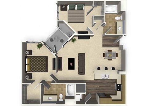 Floor plan for 2 beds, 2 baths, 1064 sqft