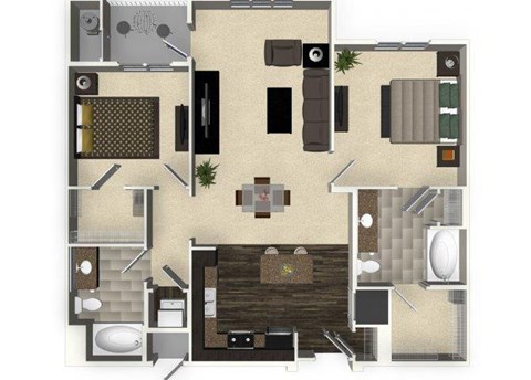 Floor plan for 2 beds, 2 baths, 1123 sqft
