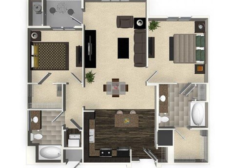 Floor plan for 2 beds, 2 baths, 1128 sqft
