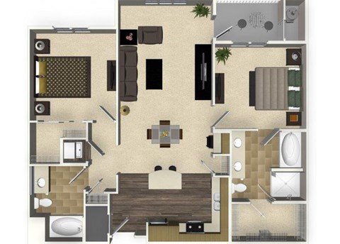 Floor plan for 2 beds, 2 baths, 1264 sqft