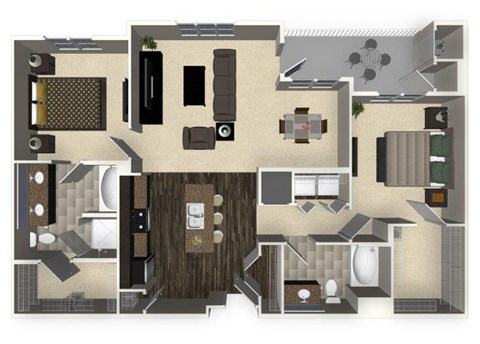 Floor plan for 2 beds, 2 baths, 1232 sqft
