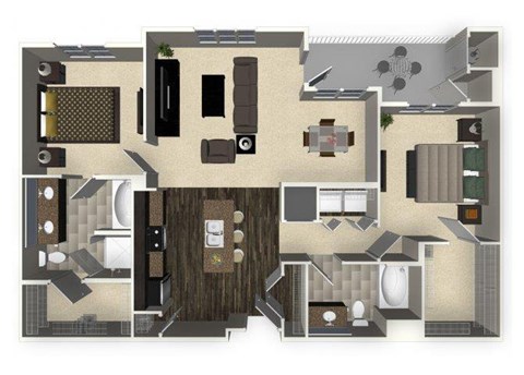Floor plan for 2 beds, 2 baths, 1236 sqft