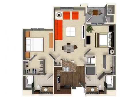 Floor plan for 2 beds, 2 baths, 983 sqft