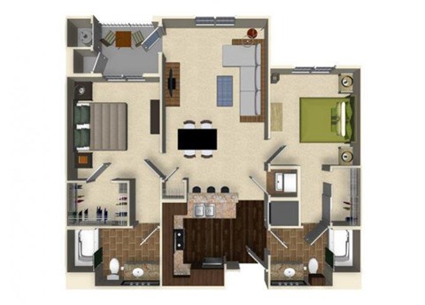 Floor plan for 2 beds, 2 baths, 1027 sqft