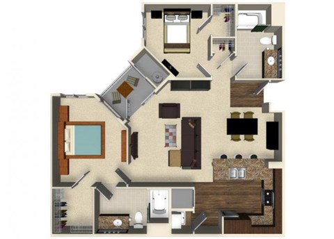 Floor plan for 2 beds, 2 baths, 1049 sqft
