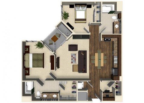 Floor plan for 2 beds, 2 baths, 1049 sqft