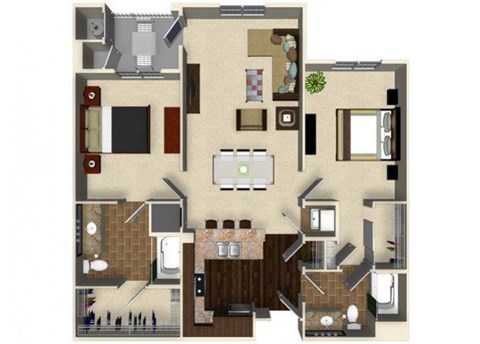 Floor plan for 2 beds, 2 baths, 1135 sqft