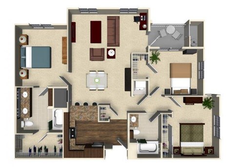 Floor plan for 3 beds, 2 baths, 1297 sqft