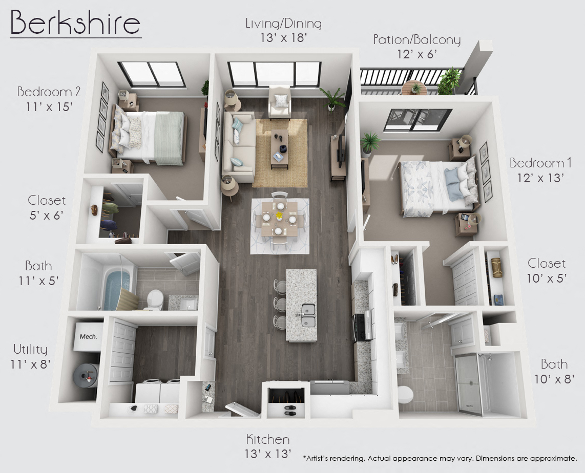 Floor plan for 2 beds, 2 baths, 1166 sqft