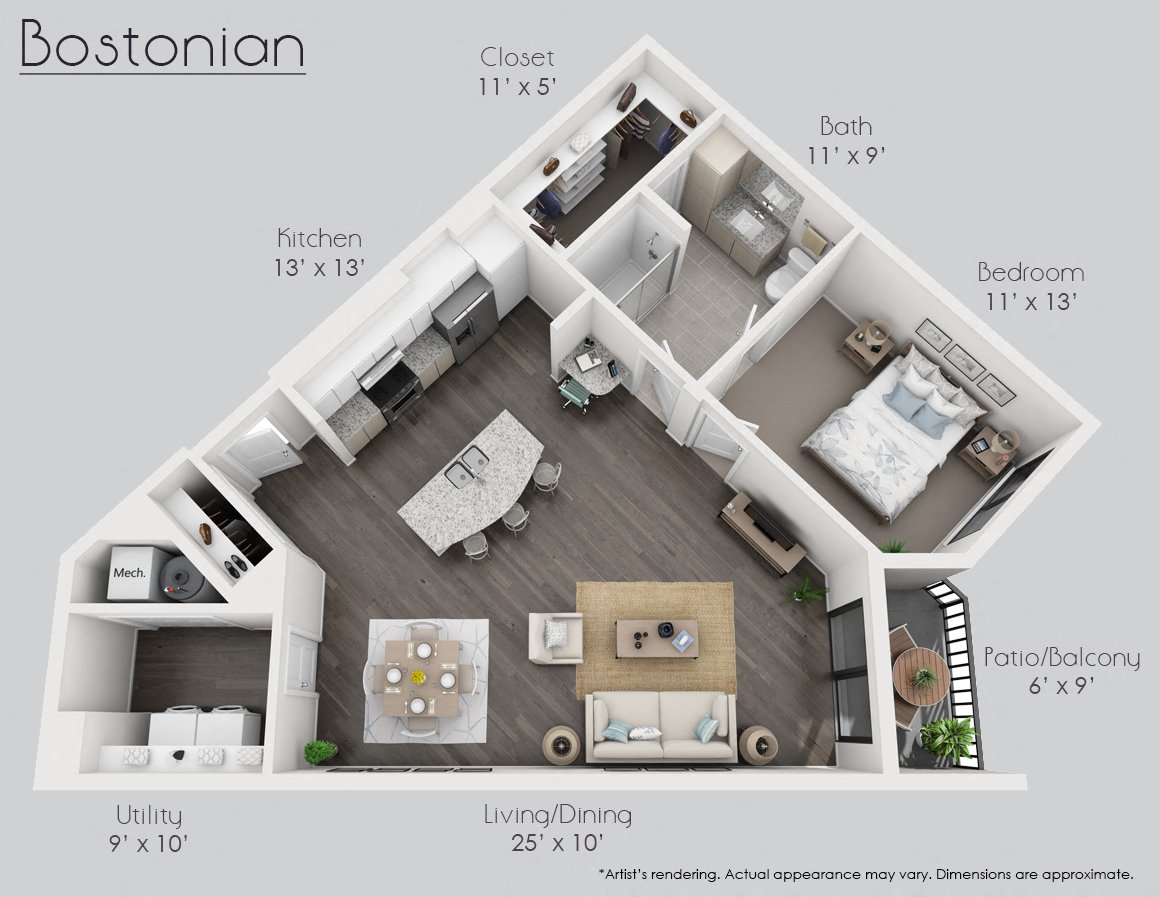 Floor plan for 1 bed, 1 bath, 969 sqft