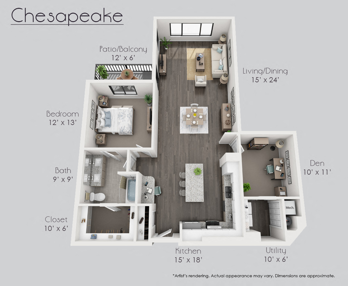 Floor plan for 1 bed, 1 bath, 1258 sqft
