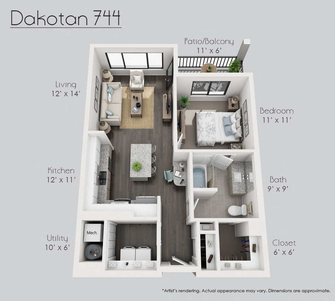 Floor plan for 1 bed, 1 bath, 744 sqft