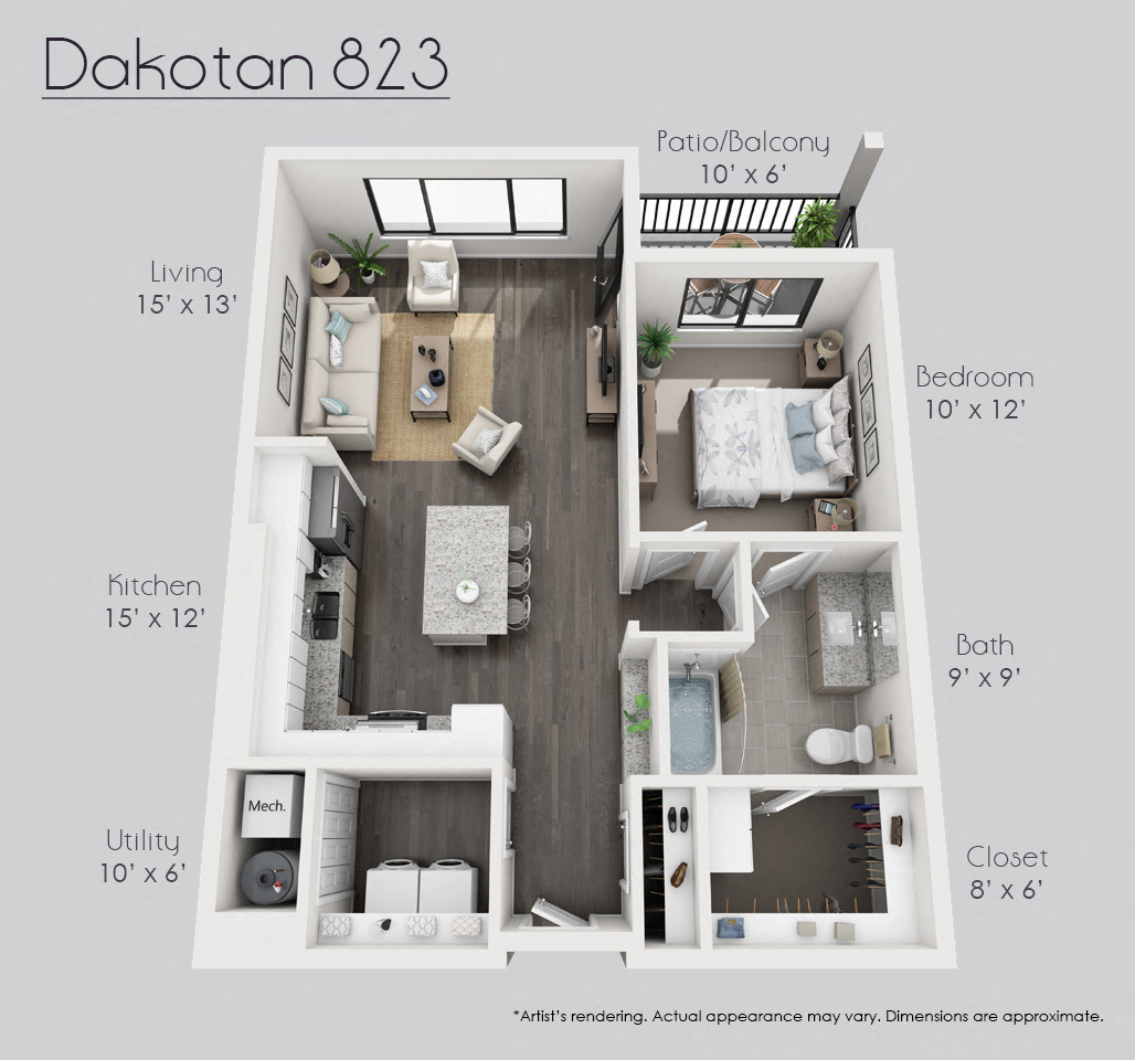 Floor plan for 1 bed, 1 bath, 823 sqft