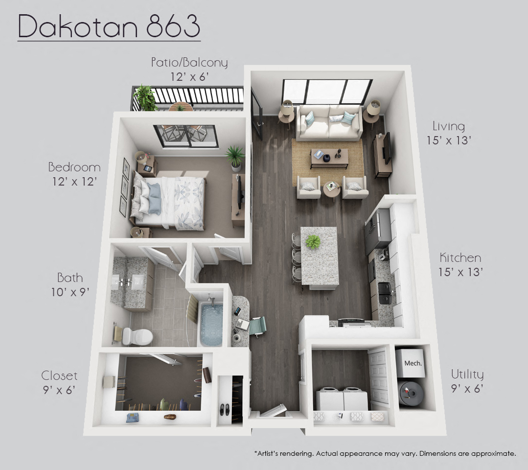 Floor plan for 1 bed, 1 bath, 863 sqft