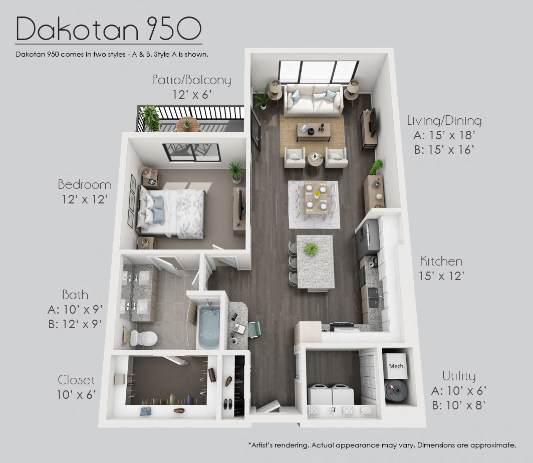 Floor plan for 1 bed, 1 bath, 950 sqft