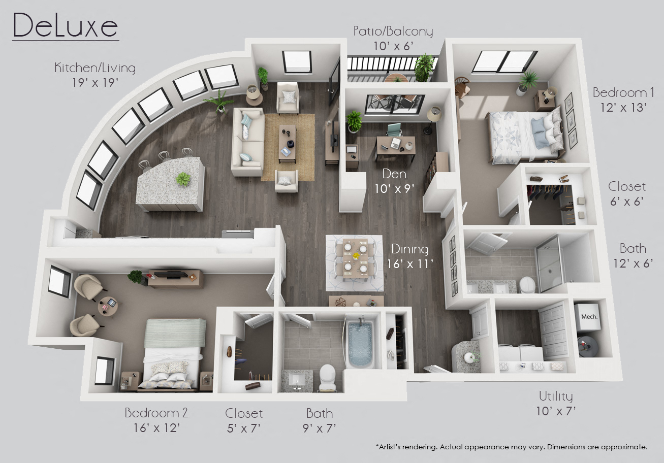 Floor plan for 2 beds, 2 baths, 1563 sqft