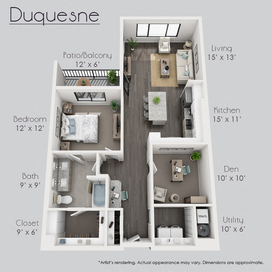 Floor plan for 1 bed, 1 bath, 1028 sqft