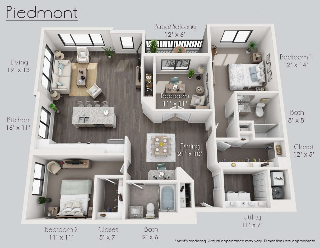 Floor plan for 3 beds, 2 baths, 1573 sqft
