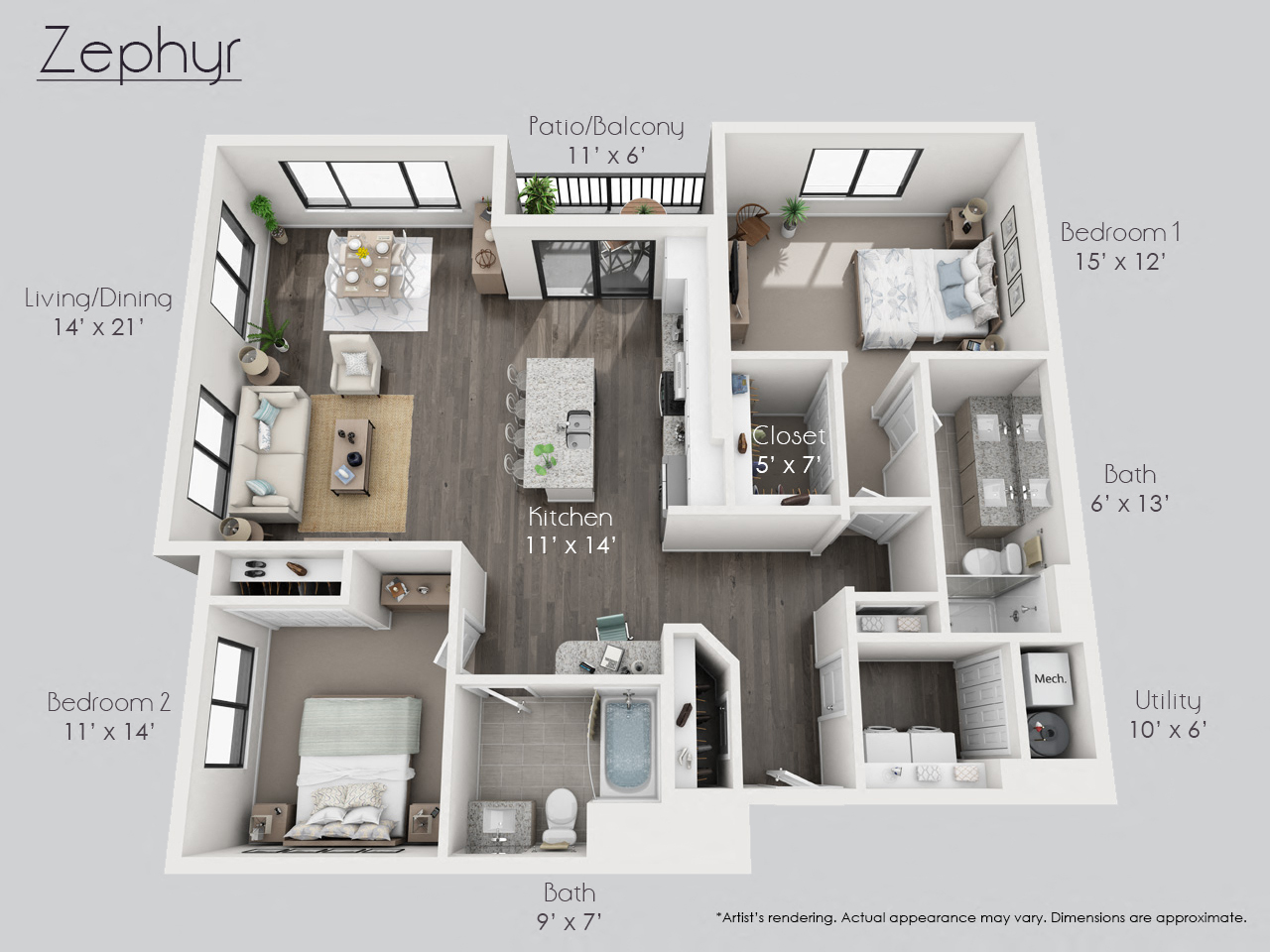 Floor plan for 2 beds, 2 baths, 1357 sqft