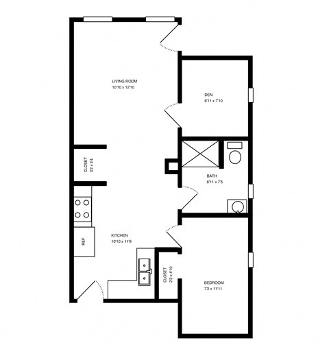 Floor plan for 1 bed, 1 bath, 490 sqft