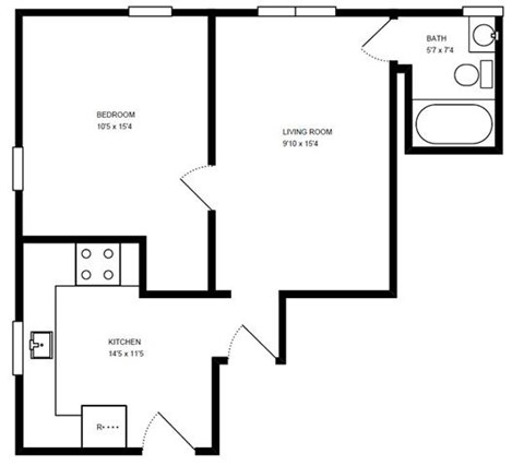 Floor plan for 1 bed, 1 bath, 600 sqft