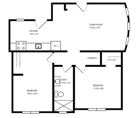 Floor plan for 2 beds, 1 bath, 700 sqft