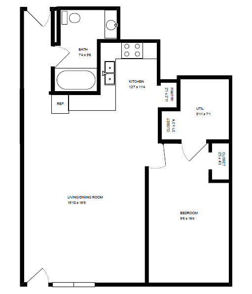Floor plan for 1 bed, 1 bath, 664 sqft