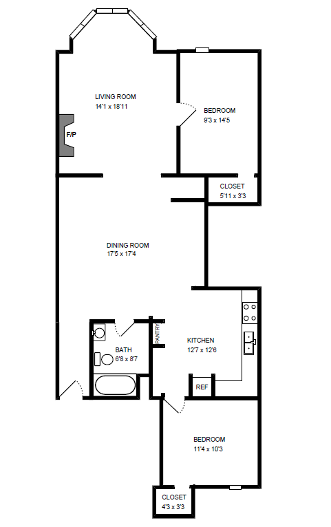 Floor plan for 2 beds, 1 bath, 1036 sqft