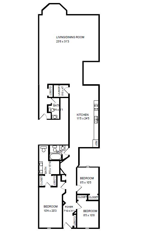 Floor plan for 3 beds, 2.5 baths, 1649 sqft