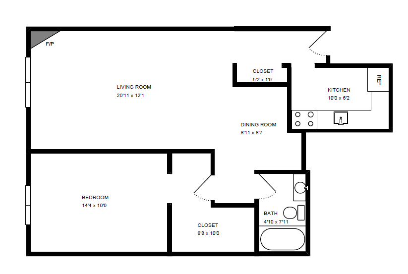 Floor plan for 1 bed, 1 bath, 679 sqft
