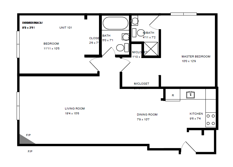 Floor plan for 2 beds, 2 baths, 793 sqft