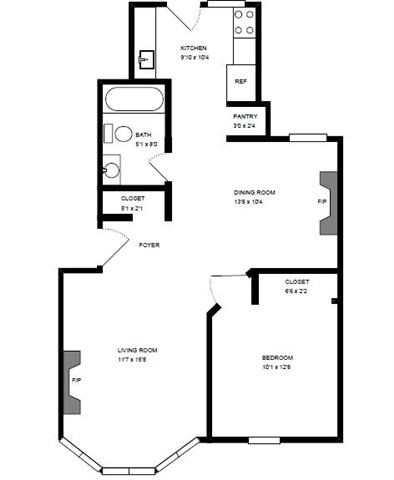 Floor plan for 1 bed, 1 bath, 700 sqft