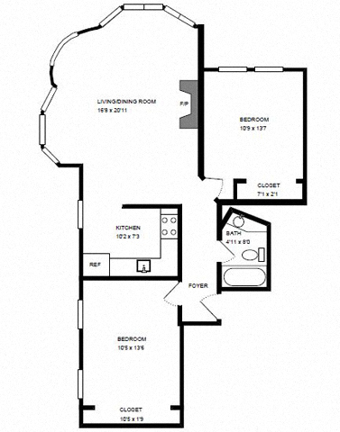 Floor plan for 2 beds, 1 bath, 850 sqft