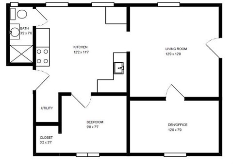 Floor plan for 1 bed, 1 bath, 700 sqft
