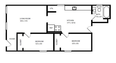 Floor plan for 2 beds, 1 bath, 750 sqft
