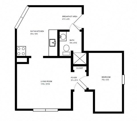 Floor plan for 1 bed, 1 bath, 700 sqft