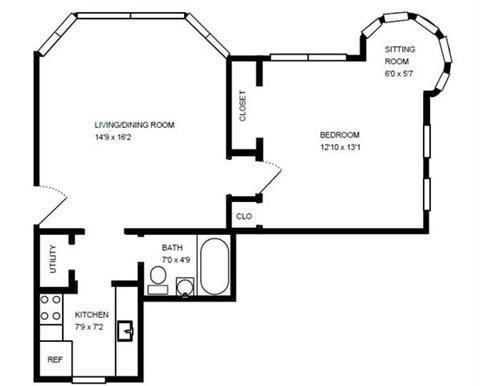 Floor plan for 1 bed, 1 bath, 850 sqft