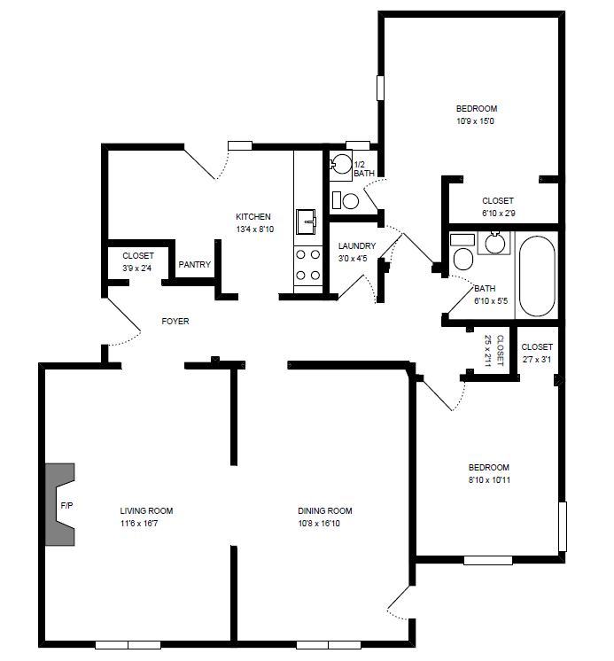 Floor plan for 2 beds, 1.5 baths, 896 sqft